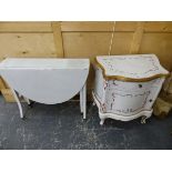 A SMALL FRENCH STYLE PAINTED BEDSIDE CABINET AND AN EDWARDIAN SUTHERLAND TABLE.