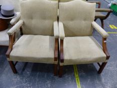 A PAIR OF LARGE GEORGE III STYLE GAINSBOROUGH OPEN ARM CHAIRS.