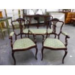 AN EDWARDIAN MAHOGANY SALON SETTEE AND MATCHING ARMCHAIRS. SOFA W 120 X SEAT HEIGHT 40cms.