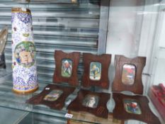 A LARGE CONTINENTAL POTTERY EWER TOGETHER WITH A SET OF SIX SPORTING PRINTS IN HAND CARVED FRAMES.