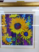 SIMON BULL (b. 1958). ARR. SUNFLOWERS. PENCIL SIGNED LIMITED EDITION COLOUR PRINT. 52 x 49cms.