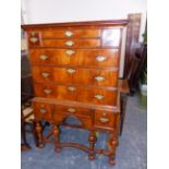 A 18th C. STYLE WALNUT CHEST ON STAND. W 102 X D 49 X H 154cms. EIGHT KEYS PRESENT, ALL LOCKS APPEAR