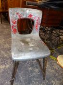 A RETRO ALUMINIUM AND IRON SMALL CHAIR TOGETHER WITH A PAINTED STICK STAND. SEAT HEIGHT 43cms