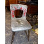 A RETRO ALUMINIUM AND IRON SMALL CHAIR TOGETHER WITH A PAINTED STICK STAND. SEAT HEIGHT 43cms