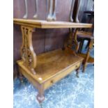 A VICTORIAN WALNUT TWO TIER STAND WITH FRET CUT SUPPORTS, TOGETHER WITH VARIOUS SMALL OCCASIONAL