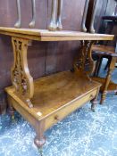 A VICTORIAN WALNUT TWO TIER STAND WITH FRET CUT SUPPORTS, TOGETHER WITH VARIOUS SMALL OCCASIONAL