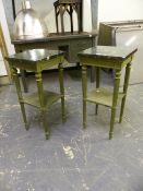 A PAIR OF FRENCH MARBLE TOP TWO TIER STANDS. THE TOP 36 X 36cms, HEIGHT 75cms.