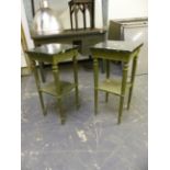 A PAIR OF FRENCH MARBLE TOP TWO TIER STANDS. THE TOP 36 X 36cms, HEIGHT 75cms.