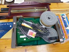 SNOOKER CUES AND ACCESSORIES INC. ARAMITH BILLIARDS BALLS, SCORE BOARD ETC AND A HORNBY THOMAS THE
