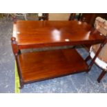 AN ANTIQUE MAHOGANY TWO TIER SERVING TROLLEY. W 97 X D 50 X H 72cms.