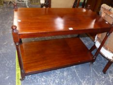 AN ANTIQUE MAHOGANY TWO TIER SERVING TROLLEY. W 97 X D 50 X H 72cms.