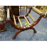 A LARGE CLASSICAL STYLE X FRAME DRESSING STOOL, FOR UPHOLSTERY. W 77 X D 54 X H 67cms.