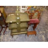 AN UNUSUAL PAINTED THREE TIER STAND A PAIR OF PAINTED DRESSING TABLE MIRRORS, AND A PRAYER STAND.