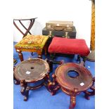 TWO ORIENTAL LARGE VASE STANDS, THREE ATTACHÉ CASES, TWO STOOLS AND A FOLDING SMALL TABLE.