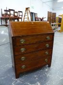 A GEORGE III MAHOGANY SMALL BUREAU. W 84 X D 43 X H 103cms.