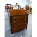 A GEORGE III MAHOGANY SMALL BUREAU. W 84 X D 43 X H 103cms.