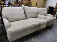 A WESLEY-BARRELL TWO SEAT HOWARD STYLE SETTEE AND A MATCHING ARMCHAIR IN SILVER / BLUE AND CREAM