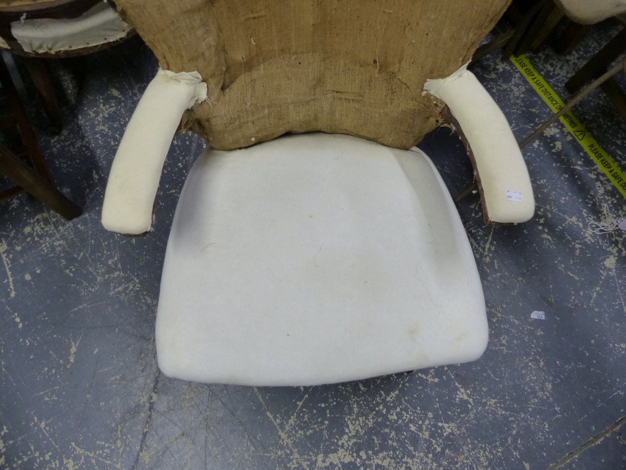 AN EDWARDIAN ARM CHAIR FOR RE UPHOLSTERY, ON SQUARE TAPER FOUR LEGS. SEAT HEIGHT 42cms. - Image 3 of 8