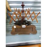 A VINTAGE TREEN WOOL WINDER, A DOOR KNOCKER AND A LETTER BOX.