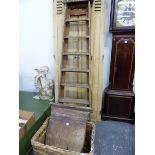 A PAIR OF PINE DOOR SHUTTERS, A LARGE VINTAGE STEP LADDER, A BASKET AND A MAHOGANY LOO SEAT.