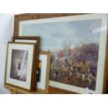 A LARGE PICTURE OF A HUNT SCENE TOGETHER WITH VARIOUS PHOTOGRAPHS OF ANIMALS, LANDSCAPES ETC.