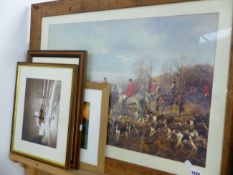 A LARGE PICTURE OF A HUNT SCENE TOGETHER WITH VARIOUS PHOTOGRAPHS OF ANIMALS, LANDSCAPES ETC.