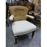 AN EDWARDIAN ARM CHAIR FOR RE UPHOLSTERY, ON SQUARE TAPER FOUR LEGS. SEAT HEIGHT 42cms.