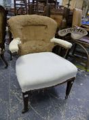 AN EDWARDIAN ARM CHAIR FOR RE UPHOLSTERY, ON SQUARE TAPER FOUR LEGS. SEAT HEIGHT 42cms.