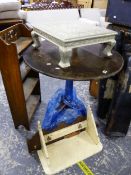 A GEORGE III TILT TOP TRIPOD TABLE, 78cms DIAMETER 74cms HIGH, TOGETHER WITH TWO SMALL COAT RACKS,