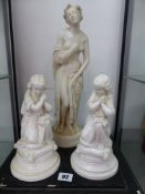 A PAIR OF WHITE PORCELAIN FIGURINES BEARING EARLY DERBY MARKS, TOGETHER WITH A WHITE BISQUE FIGURINE