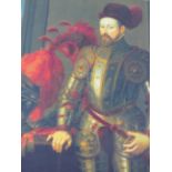 A LARGE DECORATIVE PORTRAIT ON CANVAS OF A MEDIEVAL GENTLEMAN IN ARMOUR 90 X110CM