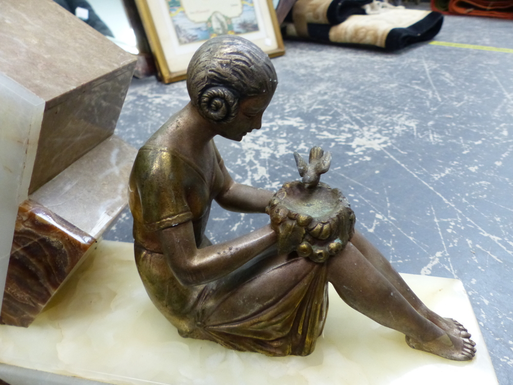 AN ART DECO MARBLE AND ONYX MANTLE CLOCK WITH SPELTER FIGURINE DIAL SIGNED G.FOUGERAY. - Image 4 of 6