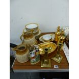 A SMALL COLLECTION OF WORCESTER GILT DECORATED DINNER WARES, A STAFFORSHIRE SMALL FIGURINE ETC.