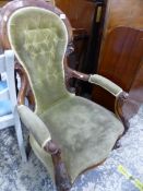 A VICTORIAN MAHOGANY SHOW FRAME ARMCHAIR.