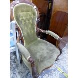 A VICTORIAN MAHOGANY SHOW FRAME ARMCHAIR.