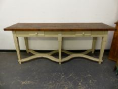 A WELL MADE RUSTIC PAINTED PINE DRESSER BASE / SERVER, IN THE FRENCH TASTE. W X 221 X D 68 X H