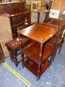 A VICTORIAN ROSEWOOD THREE TIER STAND, A GEORGIAN TRAY TOP NIGHT STAND, A SUTHERLAND TABLE, NEST