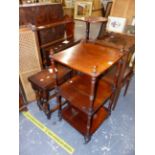 A VICTORIAN ROSEWOOD THREE TIER STAND, A GEORGIAN TRAY TOP NIGHT STAND, A SUTHERLAND TABLE, NEST