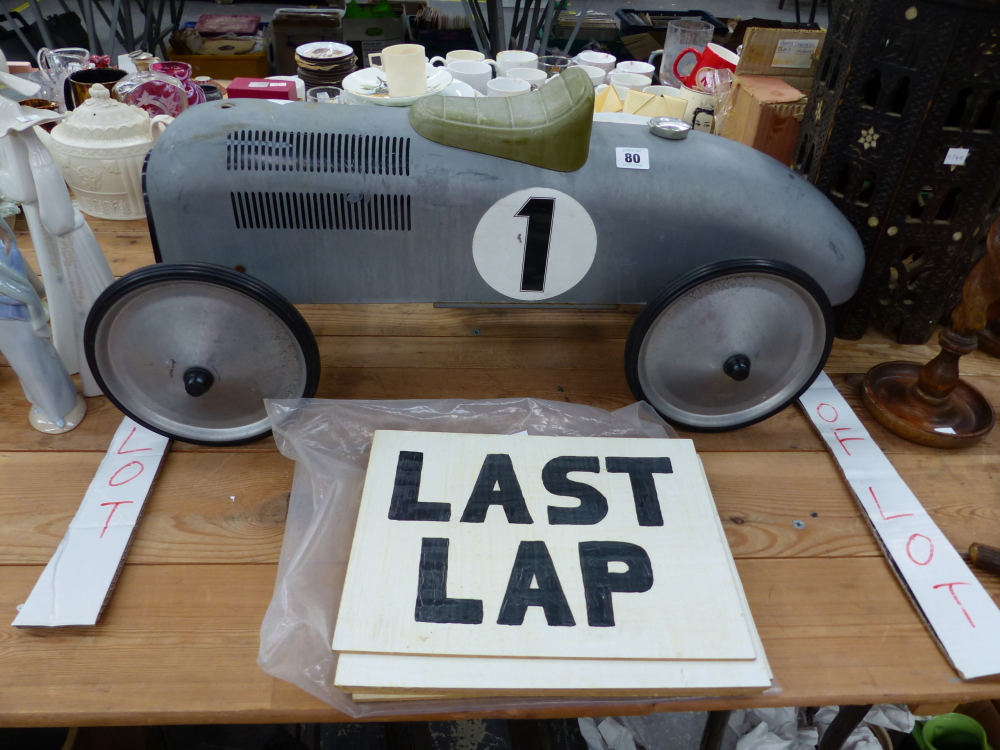 A VINTAGE STYLE CHILDS SCOOT ALONG CAR, AND WOODEN PIT / LAP BOARDS.