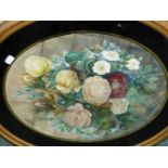 FOUR 19TH C NEEDLEWORK FRAMED PANELS, A LARGE OVAL FLORAL WATERCOLOUR AND TWO FLOWER PICTURES.