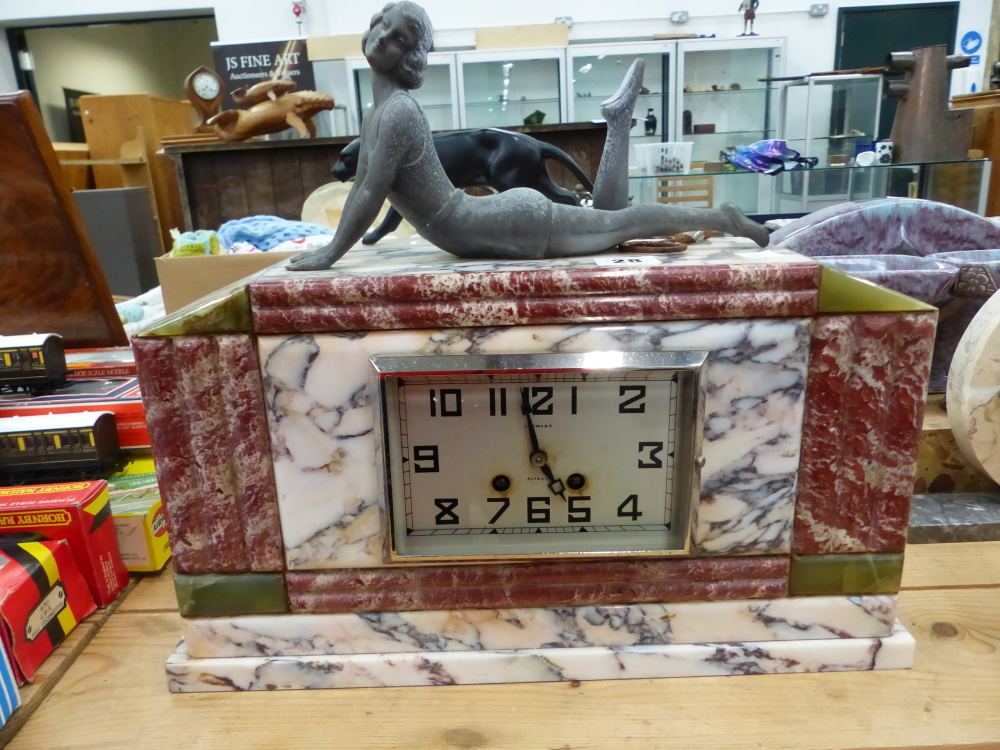 AN ART DECO VARIEGATED MARBLE MANTLE CLOCK GARNITURE SURMOUNTED WITH GIRL IN SWIMSUIT. - Image 6 of 7