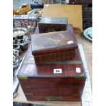 A BRASS BOUND WRITING SLOPE, AN EASTERN TOBACCO / TEA CADDY, AND A SEWING BOX AND A WOODED VINTAGE