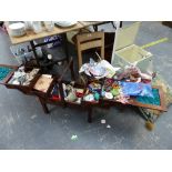 A VINTAGE SEWING BOX AND CONTENTS, A TAPESTRY TYPE CUSHION, SMALL BOOKCASE, CHILDS CHAIR, A RETRO