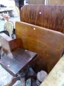 TWO LARGE VICTORIAN SOLID MAHOGANY BREAKFAST TABLE TOPS, TWO ASSOCIATED PEDESTALS AND A DROP LEAF