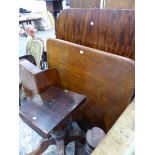 TWO LARGE VICTORIAN SOLID MAHOGANY BREAKFAST TABLE TOPS, TWO ASSOCIATED PEDESTALS AND A DROP LEAF