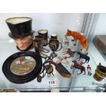TWO VINTAGE CHATELAINE HEM LIFTERS, THREE DOULTON CHARACTER JUGS, A POT LID, A GERMAN FOX