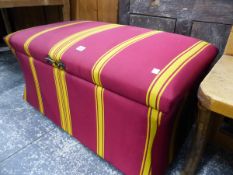 A VICTORIAN BOX OTTOMAN, RE UPHOLSTERED.