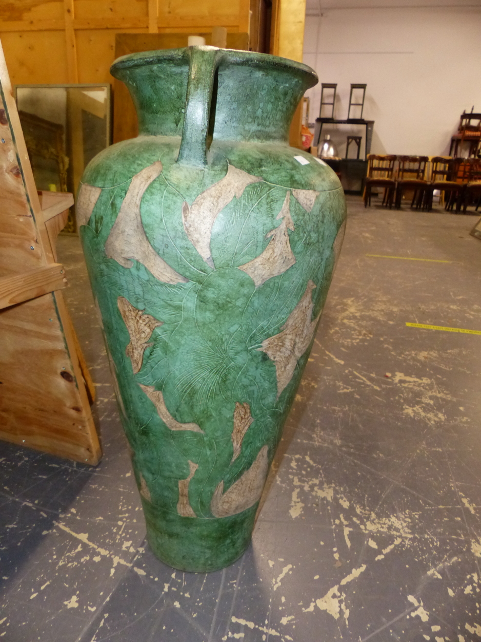 A PAIR OF LARGE ORIENTAL LARVA GLAZED FLOOR URNS, TOGETHER WITH AN ART DECO STYLE LARGE URN. THE - Image 9 of 10