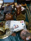 A LEATHER JEWELLERY CASE, CUTLERY, BRASS WARES, A SMALL QUANTITY OF FIRST DAY COVERS ETC.