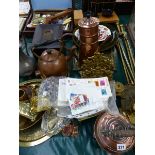 A LEATHER JEWELLERY CASE, CUTLERY, BRASS WARES, A SMALL QUANTITY OF FIRST DAY COVERS ETC.